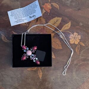 Elegant Silver Necklace with Pink and Red Gemstones